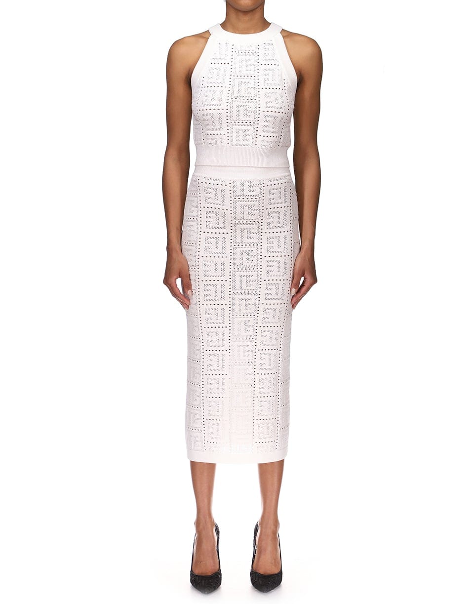 BALMAIN-Monogram Mesh Knitted Skirt-