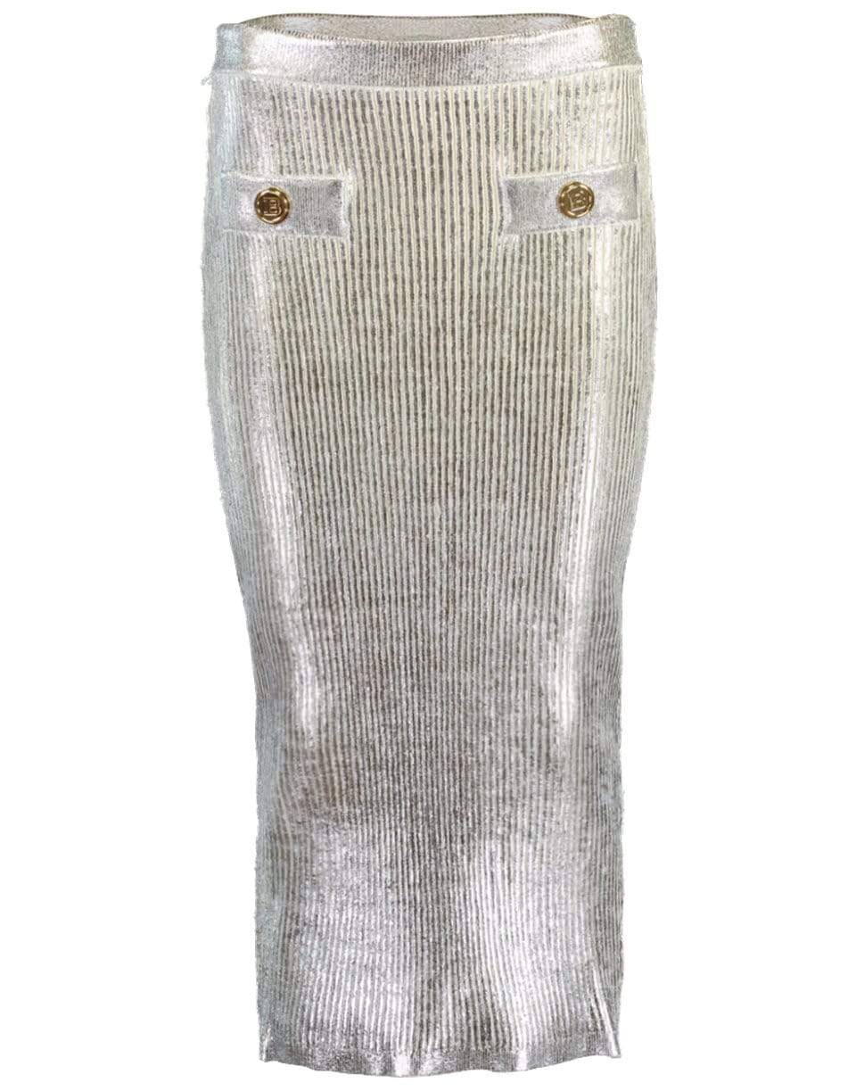 BALMAIN-Metallic Coated Midi Skirt-