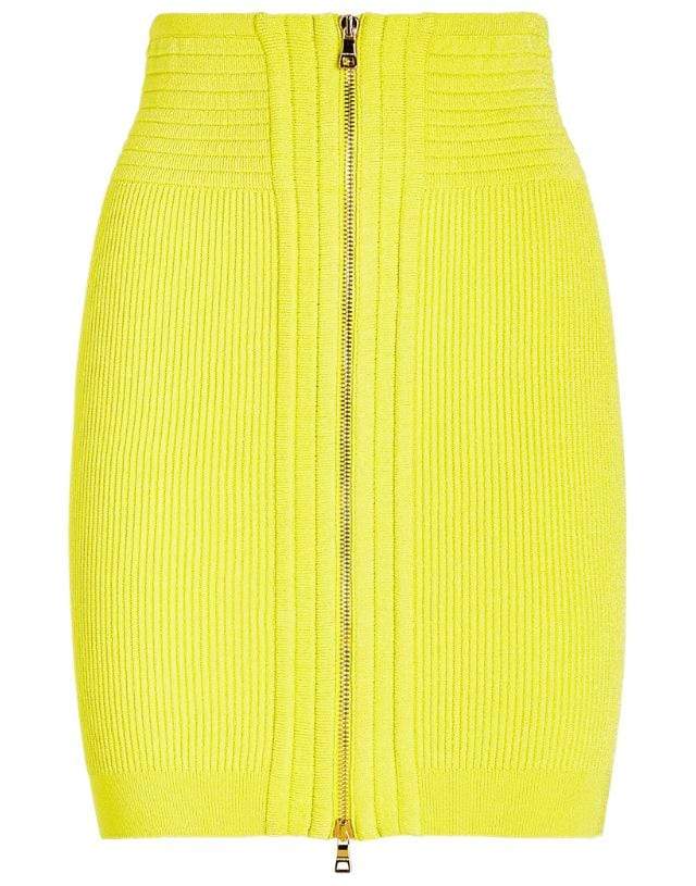 BALMAIN-High Waist Ribbed Knit Zipper Skirt-