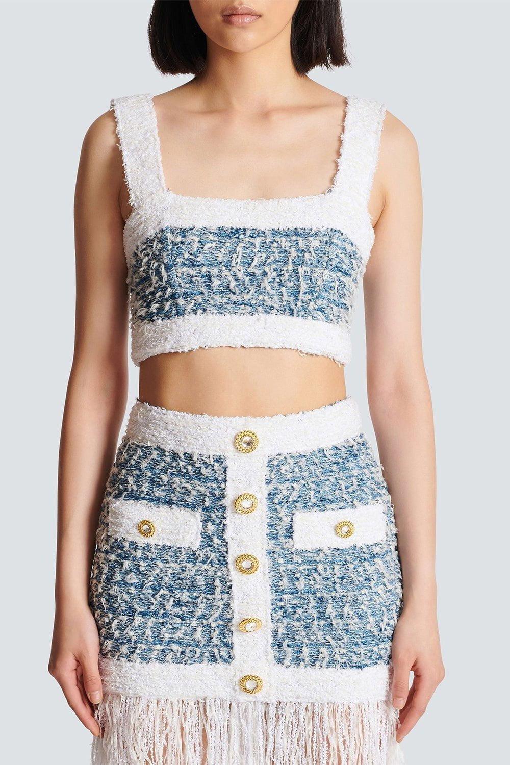 BALMAIN-Fringe Tweed Skirt-