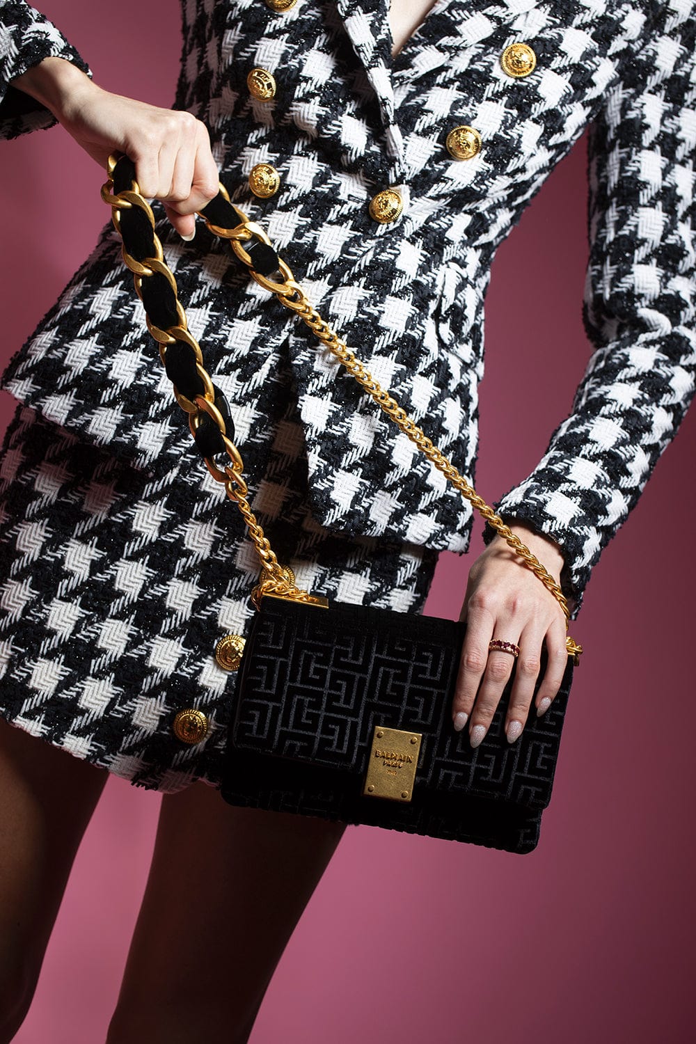 BALMAIN-5 Button Houndstooth Tweed Skirt-