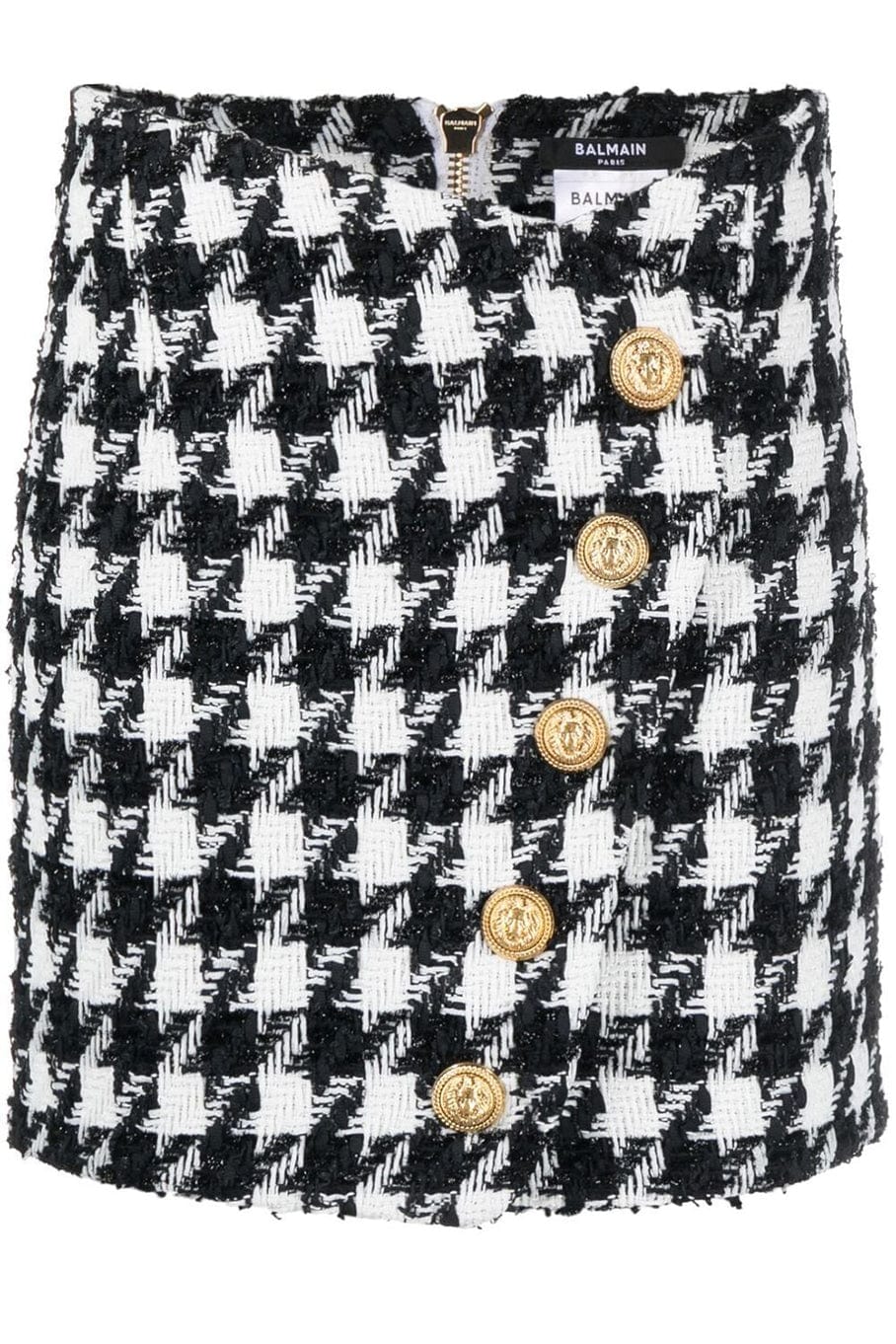 BALMAIN-5 Button Houndstooth Tweed Skirt-
