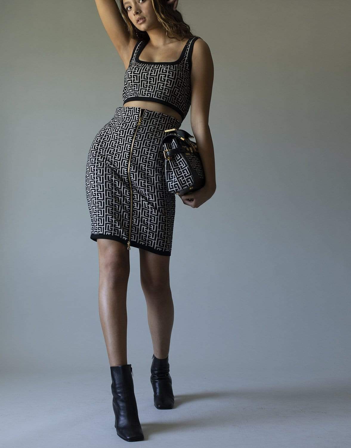 BALMAIN-Bi-Color Monogram Jacquard Knit Skirt-