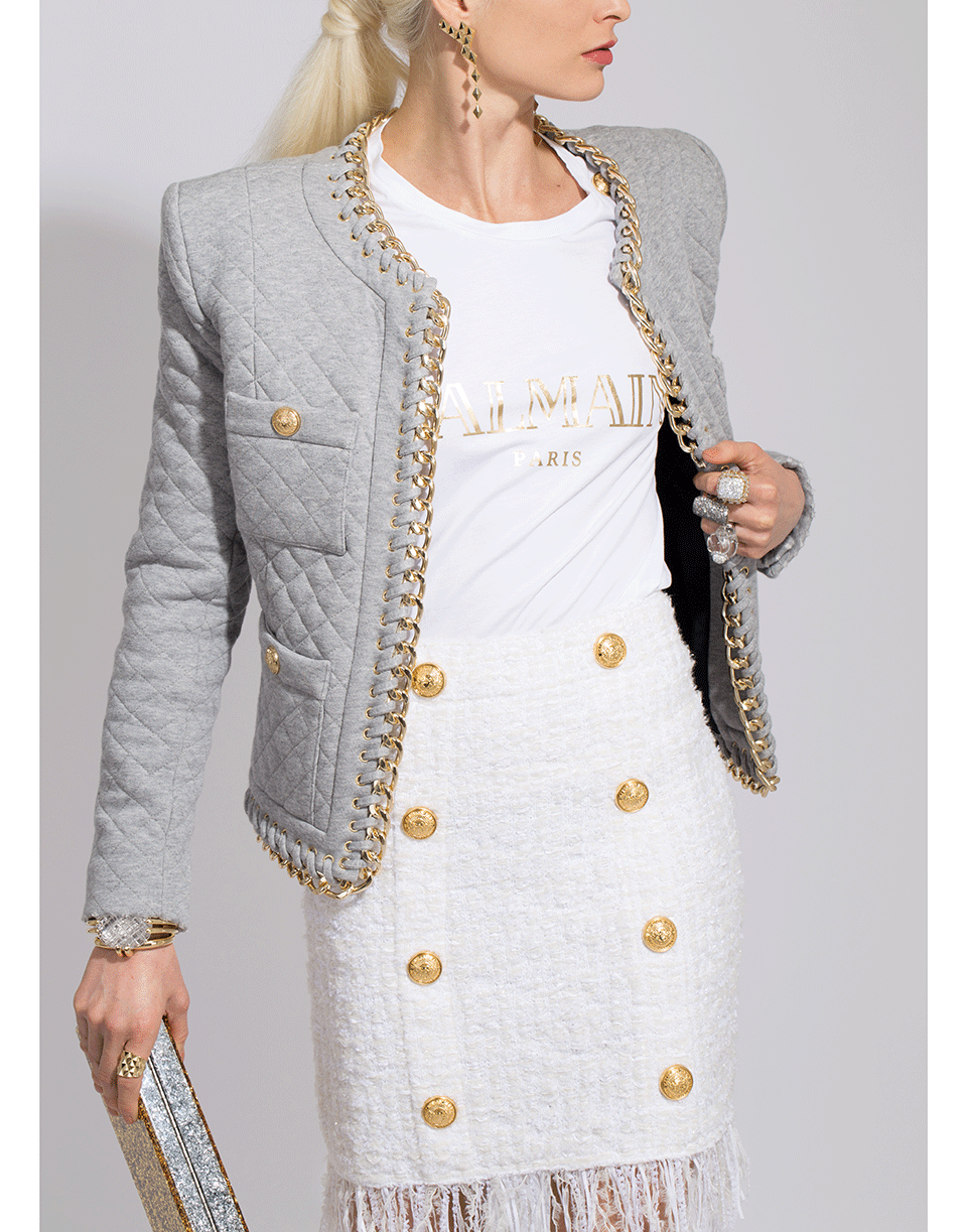 BALMAIN-Button Fringed Tweed Skirt-