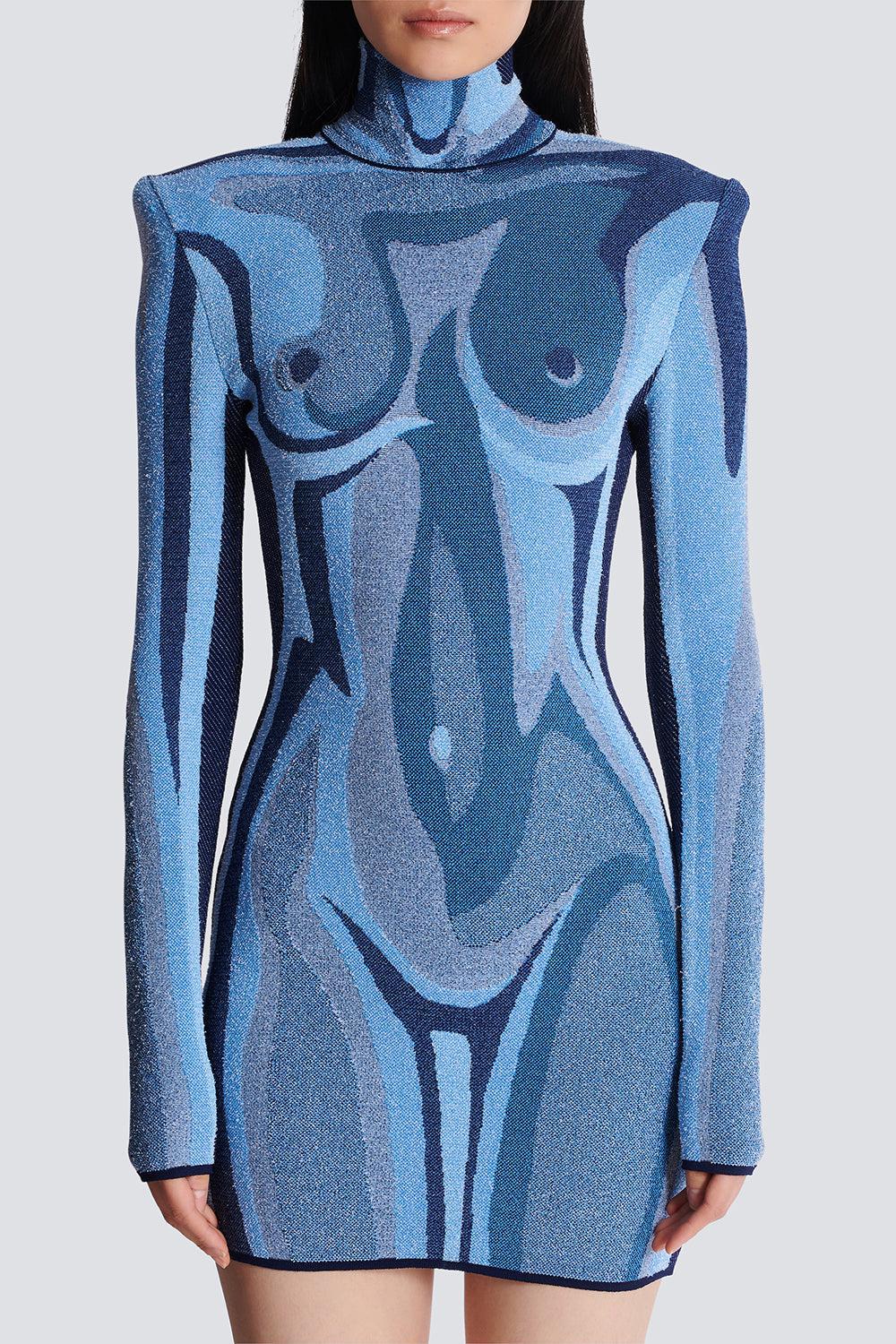 BODY MOTIF MINI DRESS-MLTIDENM-38-CLOTHINGSPECIALPOP UP-BALMAIN
