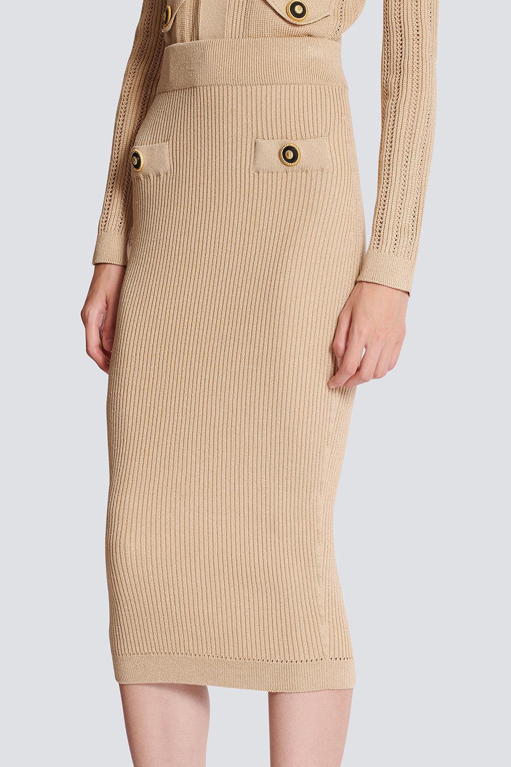 TWO BUTTON RIBBED MIDI SKIRT-NUDE-34-CLOTHINGSPECIALPOP UP-BALMAIN