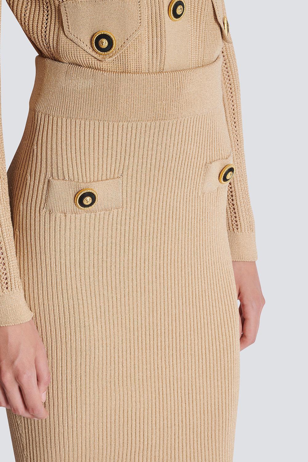 TWO BUTTON RIBBED MIDI SKIRT-NUDE-34-CLOTHINGSPECIALPOP UP-BALMAIN