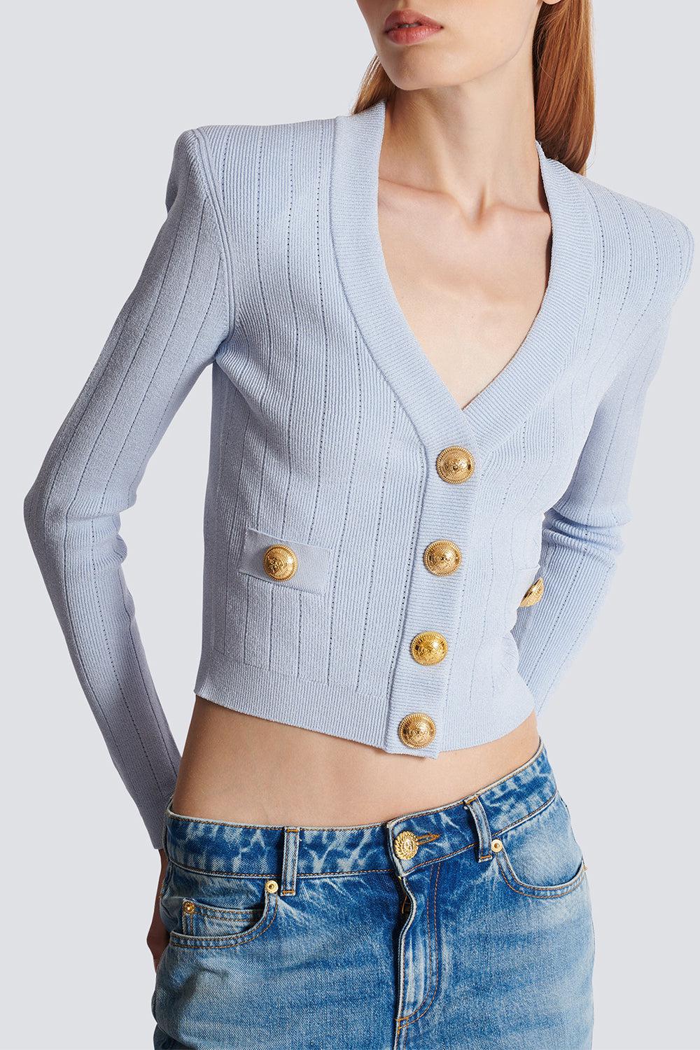 Two Pocket Button Cardigan-BLEUPALE-36-CLOTHINGTOPCARDIGAN-BALMAIN