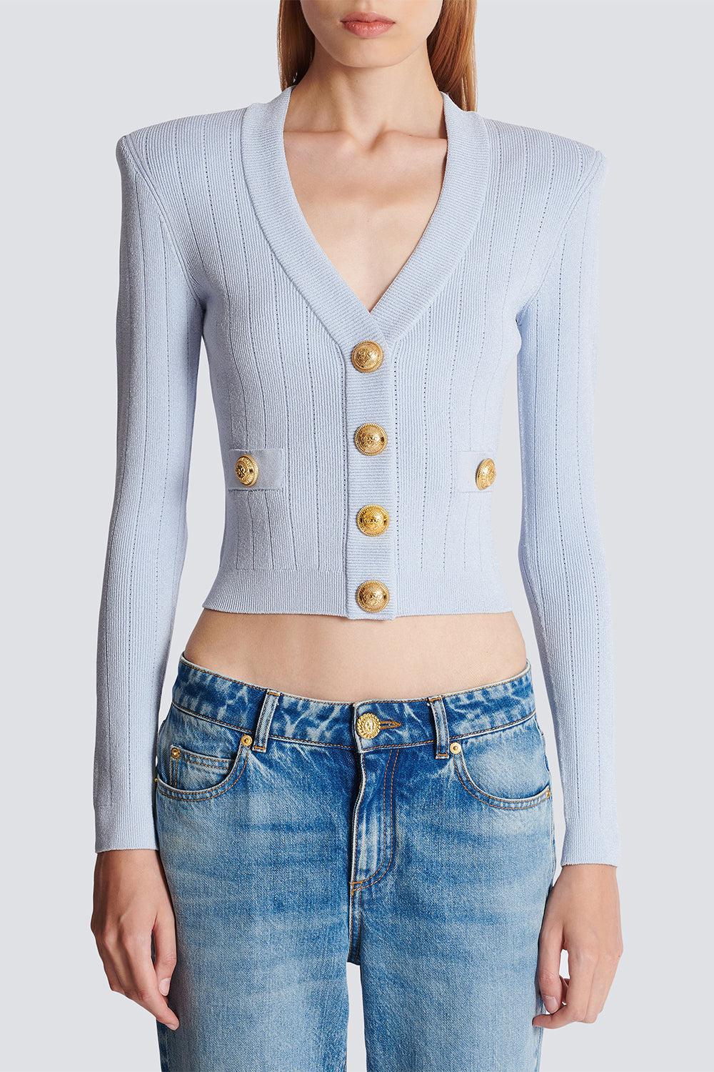 Two Pocket Button Cardigan-BLEUPALE-36-CLOTHINGTOPCARDIGAN-BALMAIN