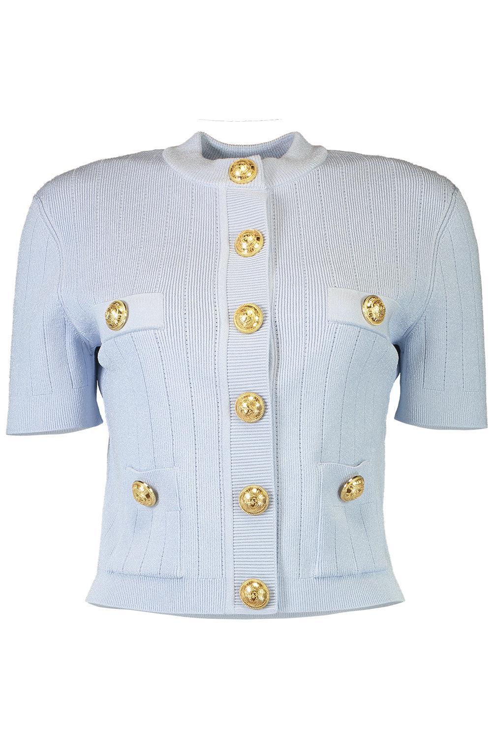 Short Sleeve Four Pocket Button Cardigan-BLEUPALE-38-CLOTHINGTOPCARDIGAN-BALMAIN