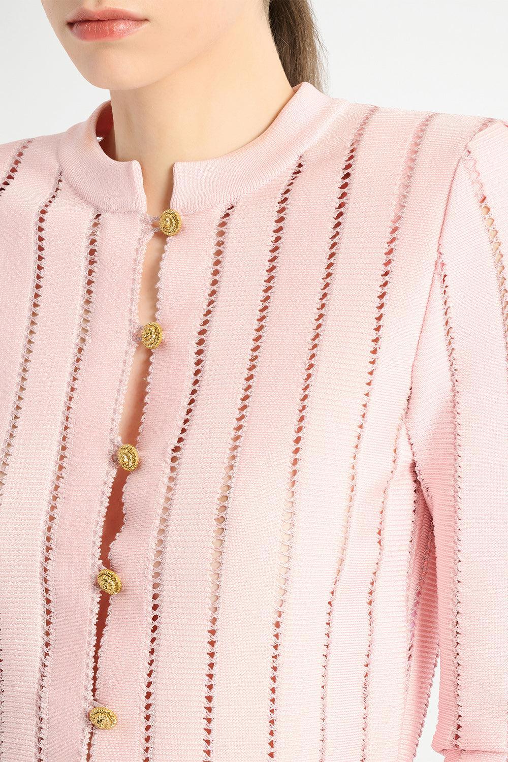 Crop Fléchage Knit Cardigan-PINK-36-CLOTHINGTOPCARDIGAN-BALMAIN