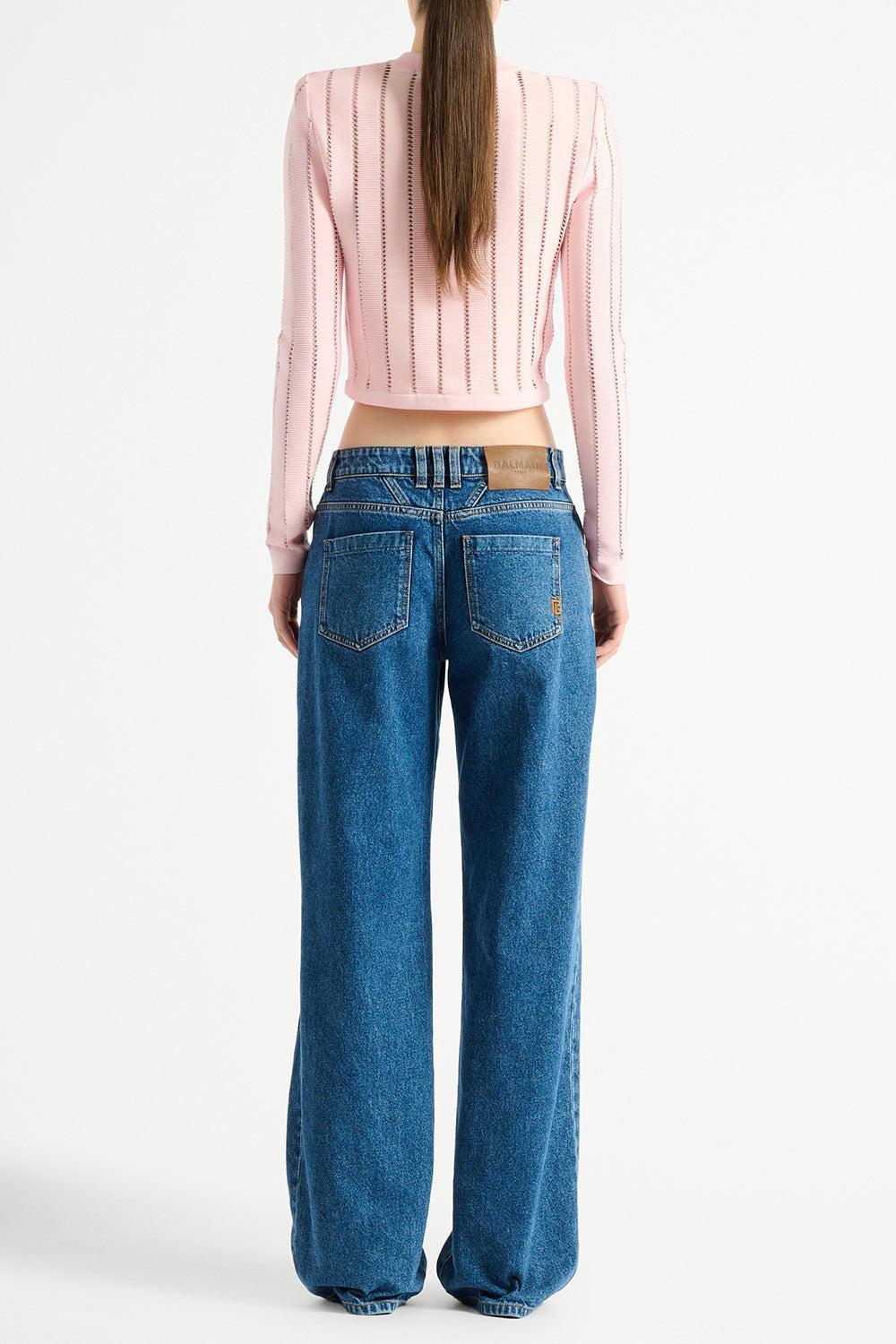 Crop Fléchage Knit Cardigan-PINK-36-CLOTHINGTOPCARDIGAN-BALMAIN