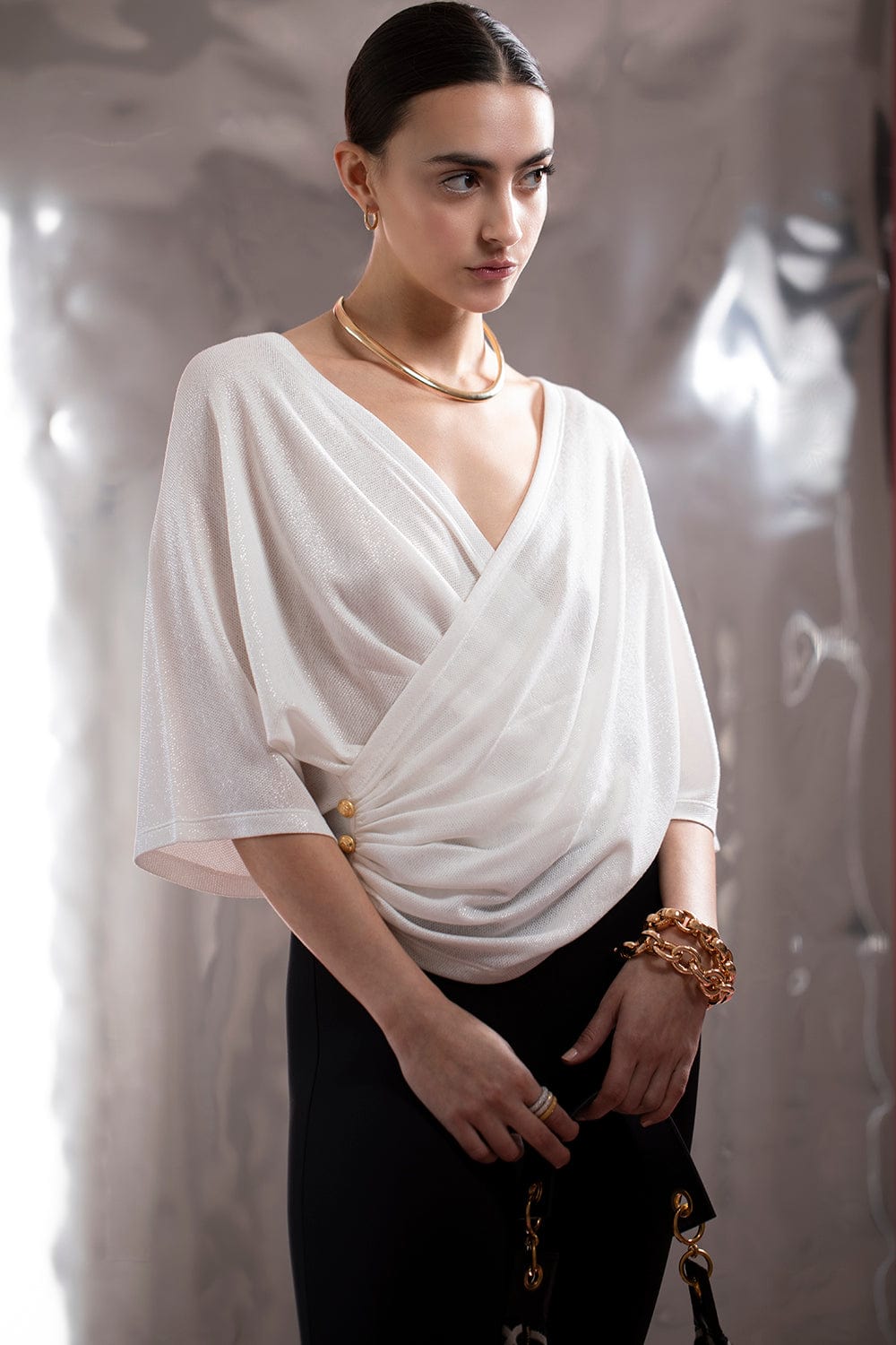 BALMAIN-3 Button Draped Lurex Jersey Top-