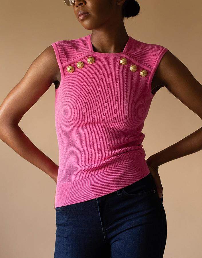 BALMAIN-Cropped Button Detail Knit Top-