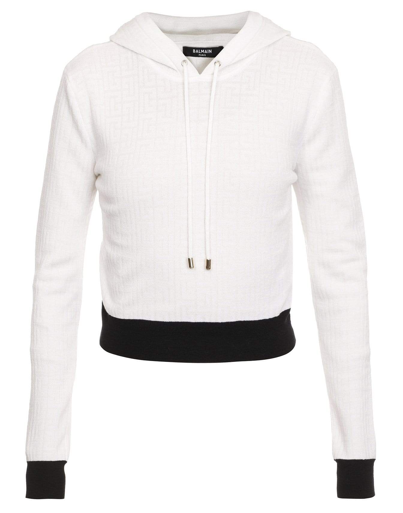 BALMAIN-Balmain Monogram Cropped Bicolor Wool Sweatshirt-BLANC