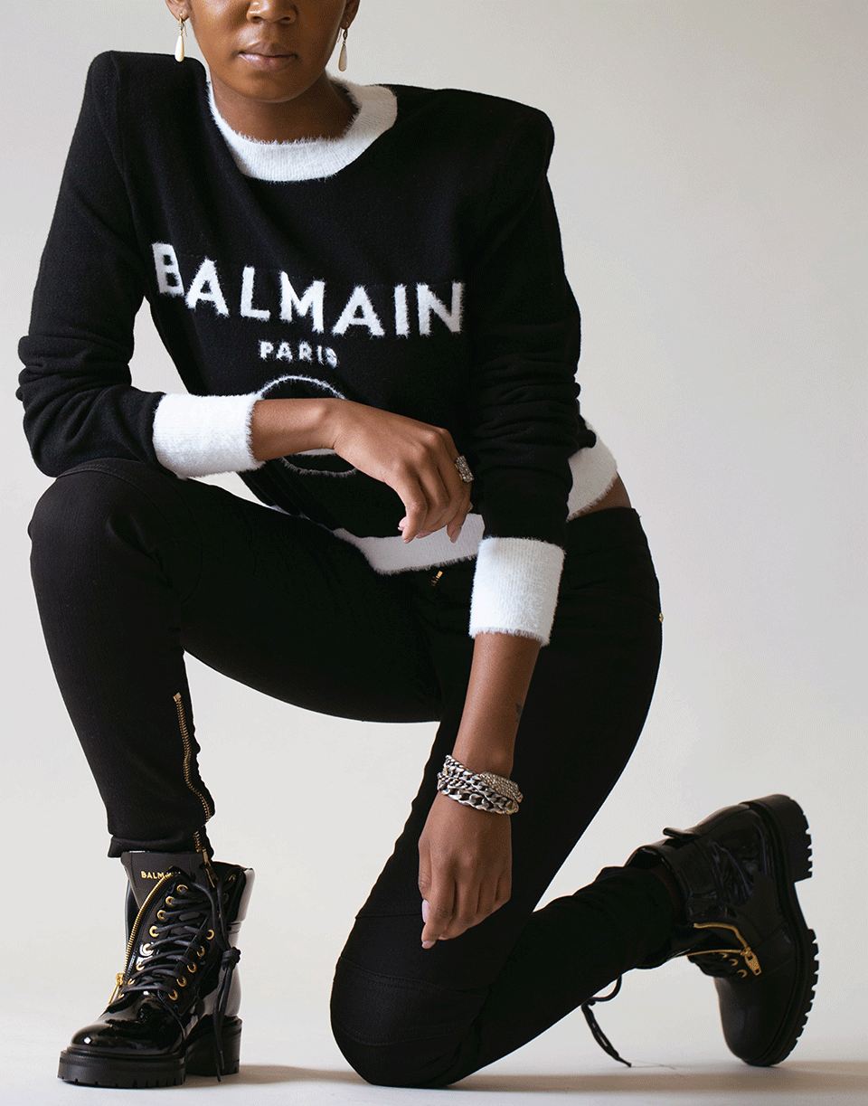 BALMAIN-Black and White Cropped Fuzzy Logo Sweater-