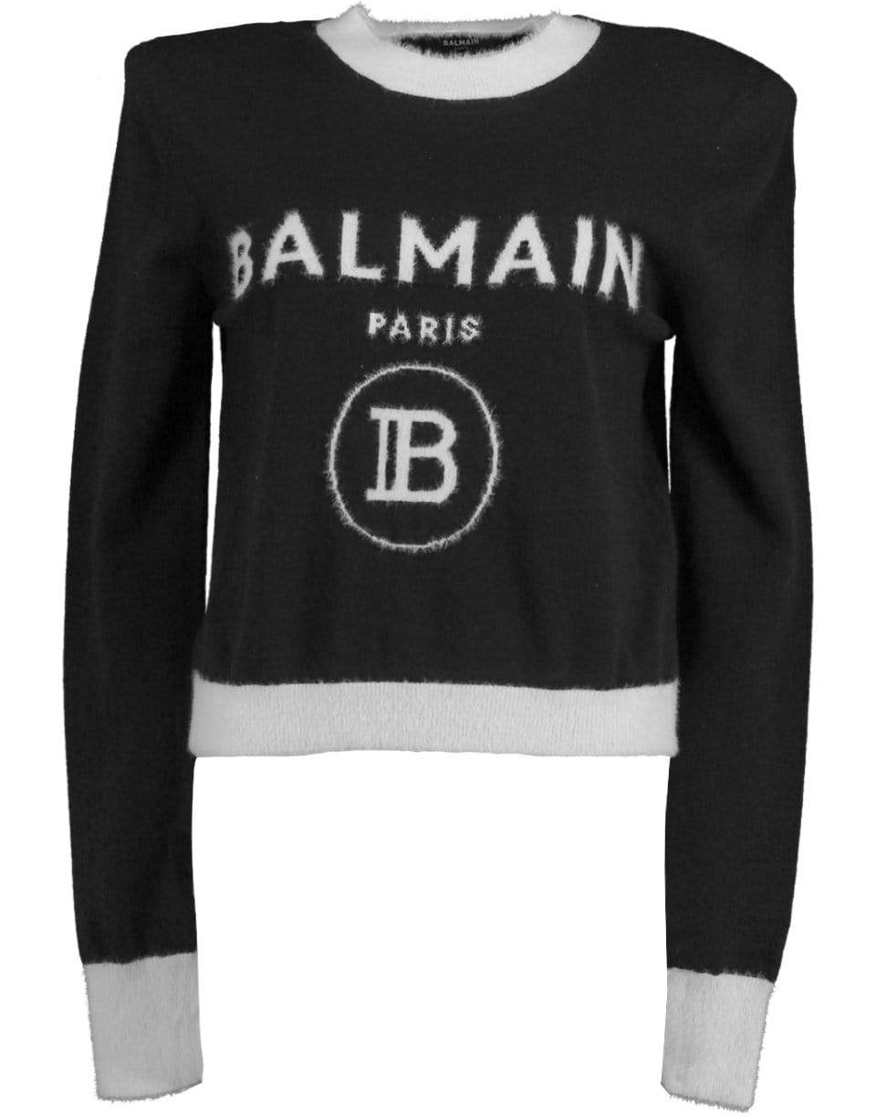 BALMAIN-Black and White Cropped Fuzzy Logo Sweater-