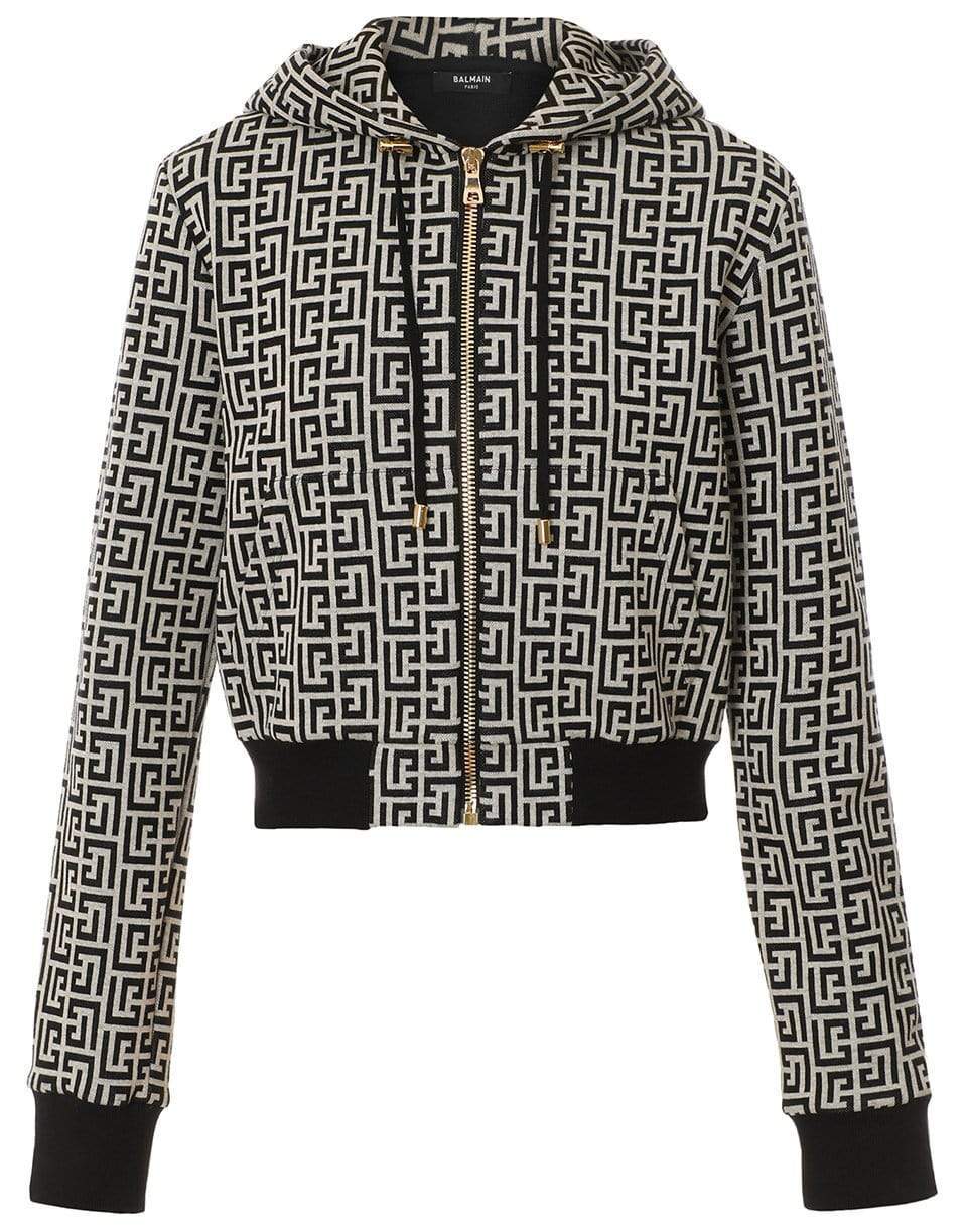 BALMAIN-Cropped Zipped Monogram Hoodie-