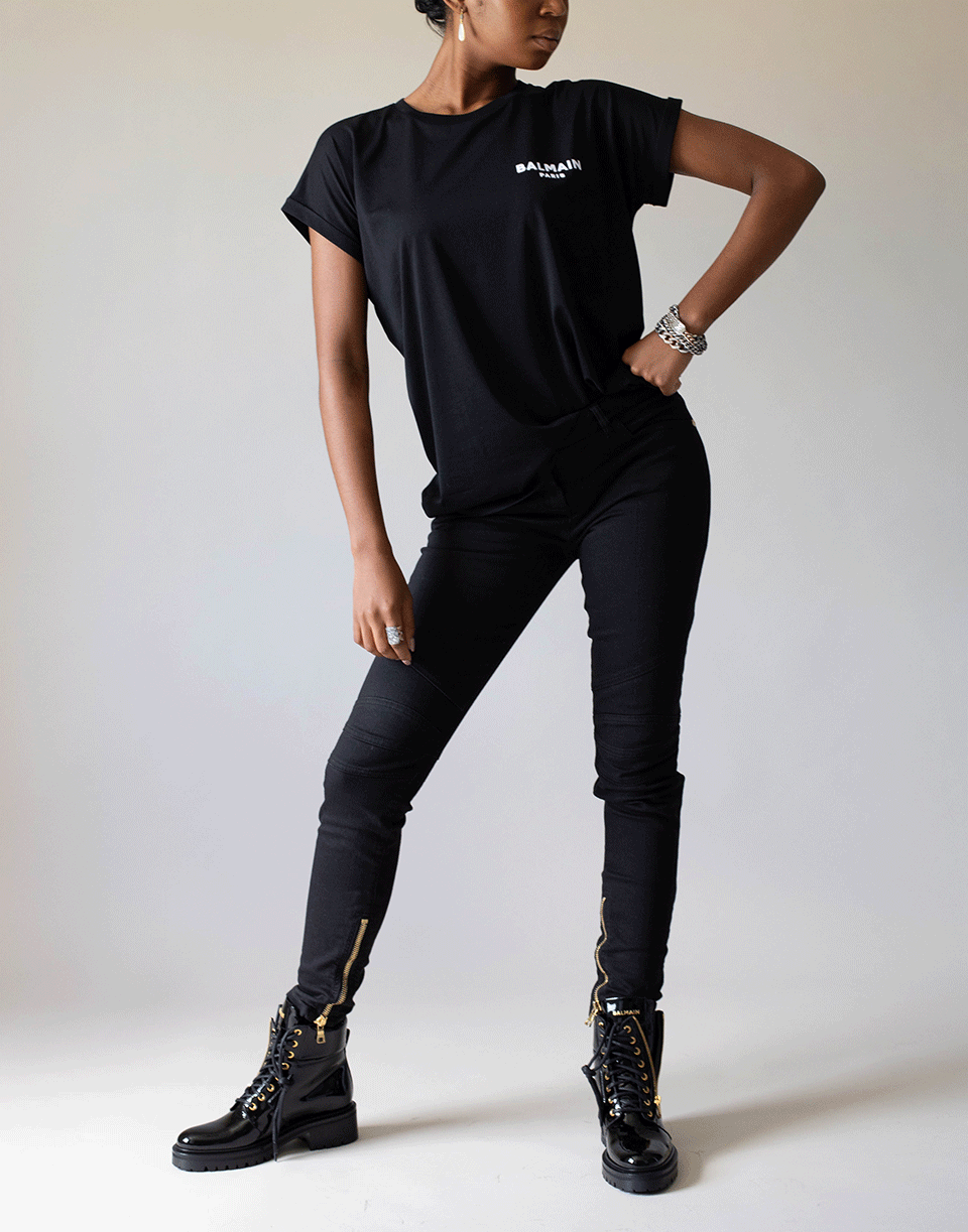 BALMAIN-Black Short Sleeve Flocked Logo Detail T-Shirt-