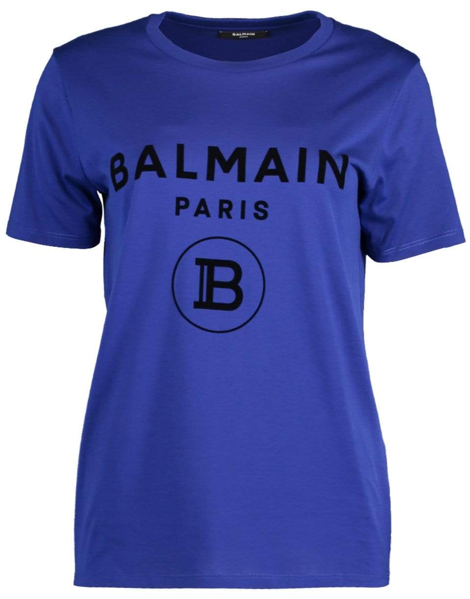 BALMAIN-Blue and Black Short Sleeve Flocked Logo T-Shirt-