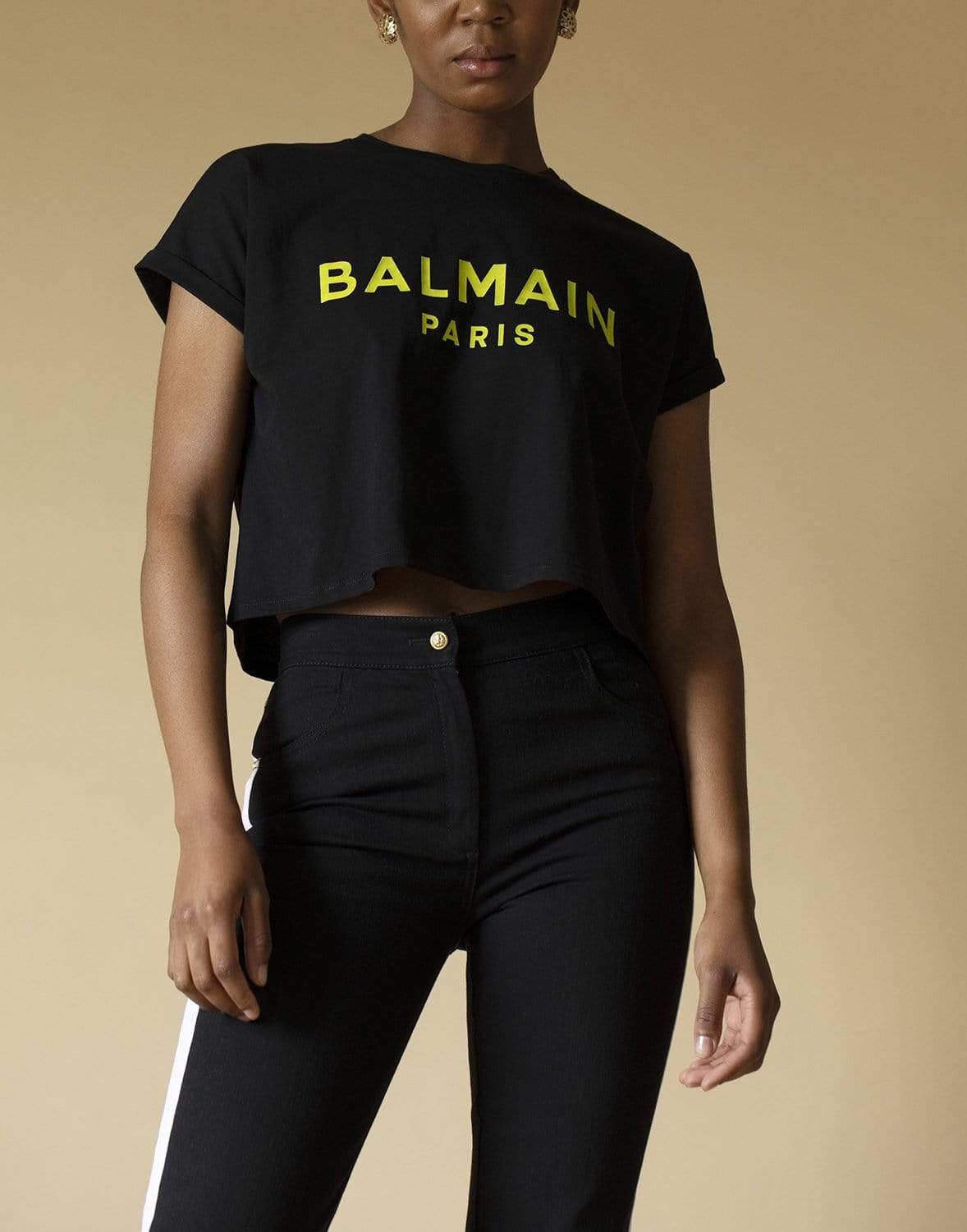 BALMAIN-Cropped Cotton Logo Tee-