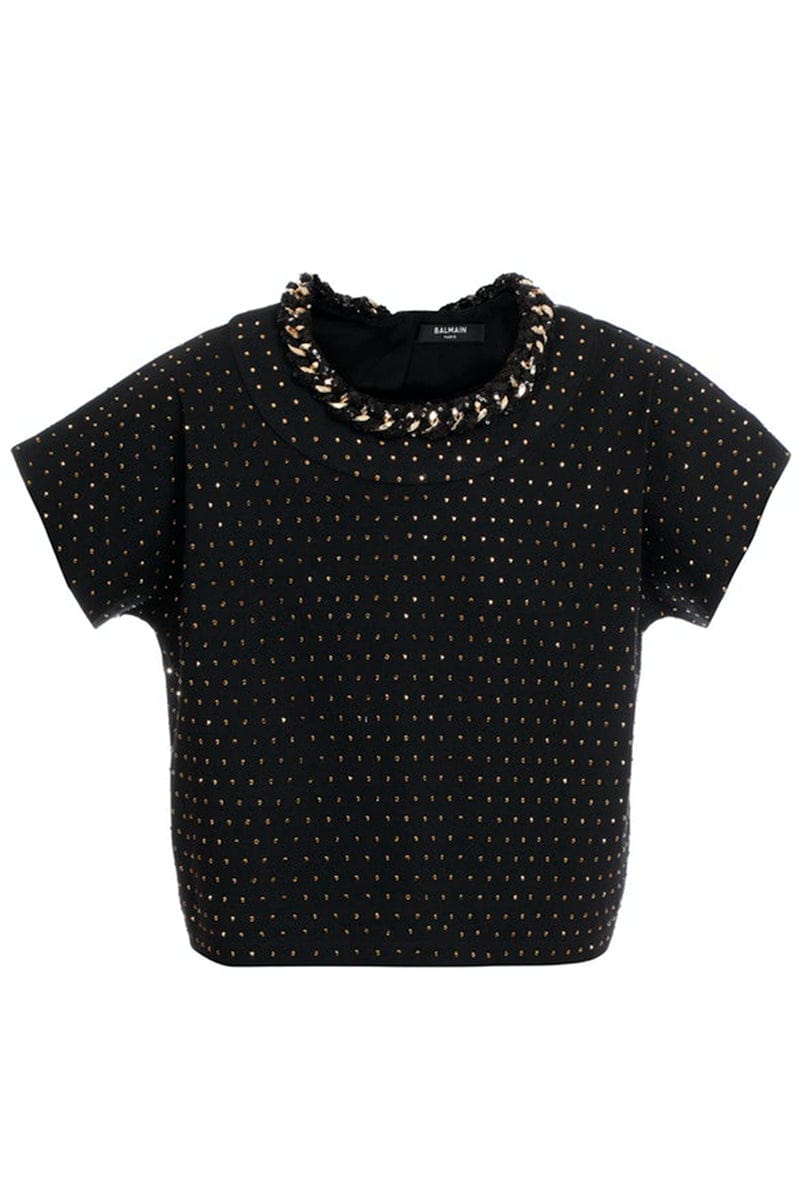 BALMAIN-Chain Collar Studs Cropped T Shirt-
