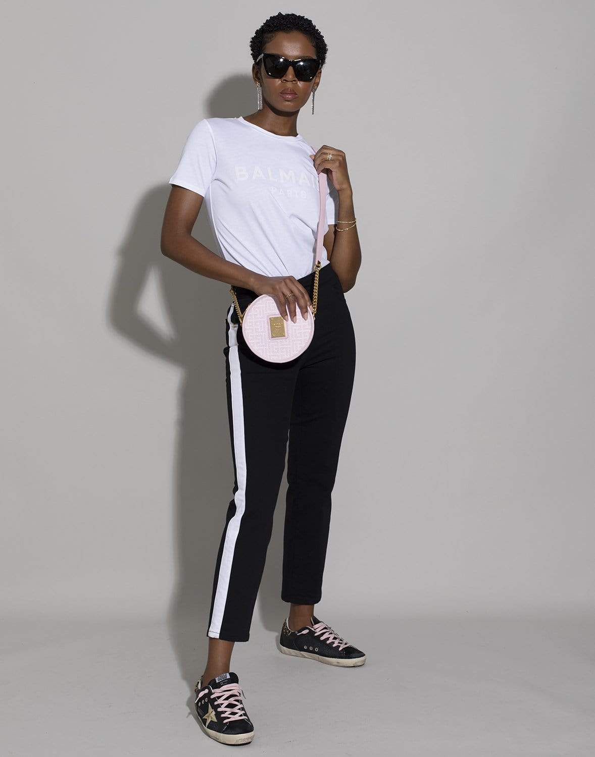 BALMAIN-White and Pale Rose Balmain Logo T-Shirt-