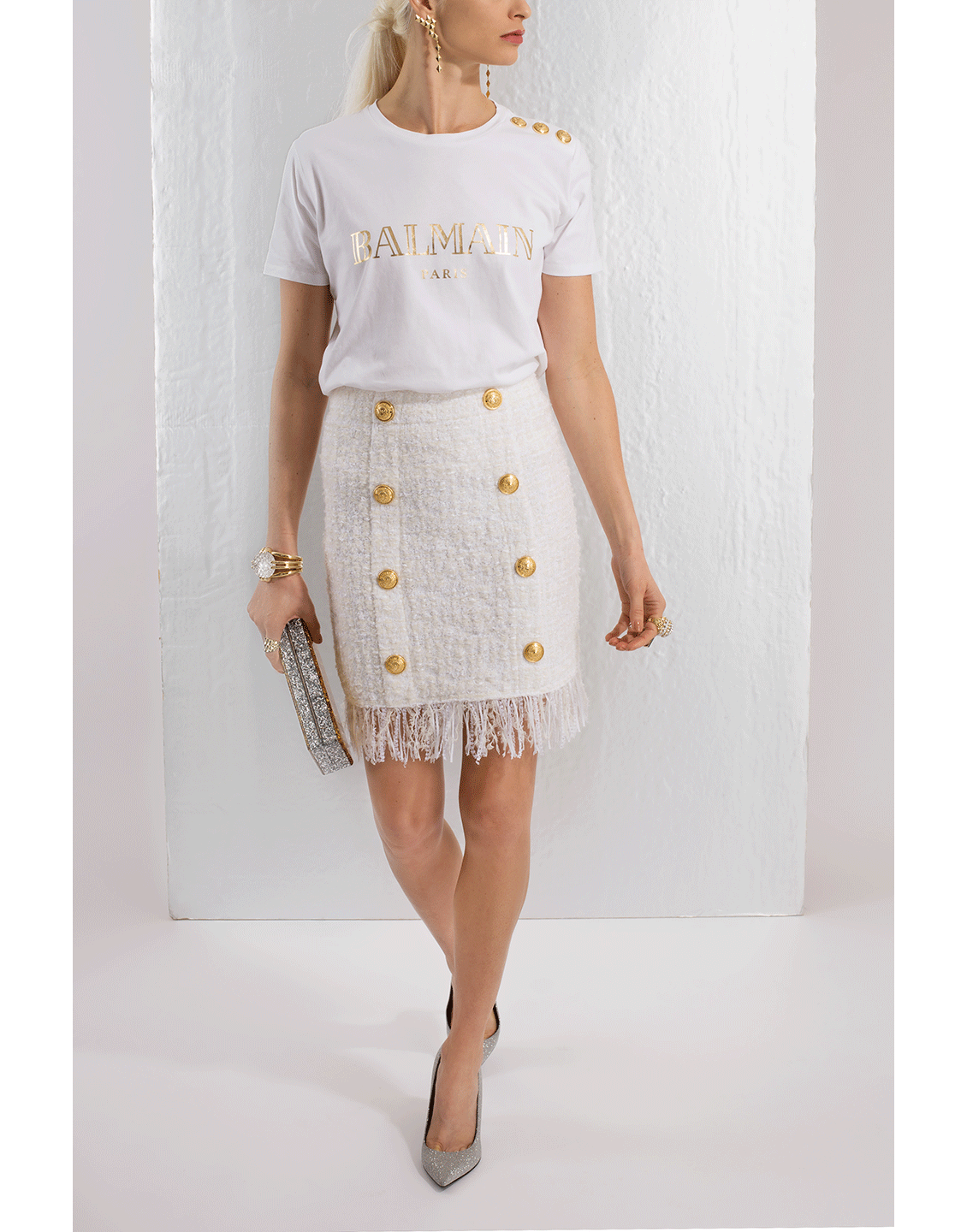 BALMAIN-Button Shoulder Logo T-Shirt-