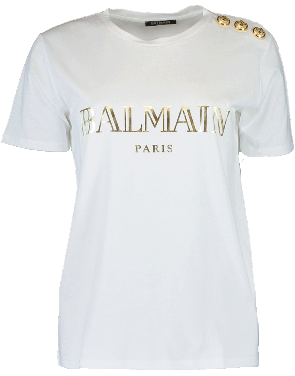 BALMAIN-Button Shoulder Logo T-Shirt-