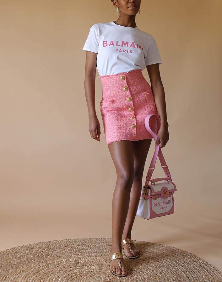 BALMAIN-White and Pink Printed Logo Tee-