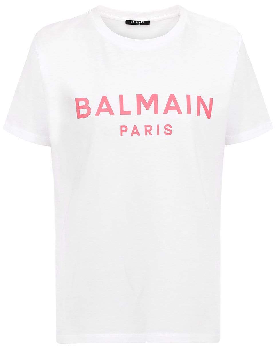 BALMAIN-White and Pink Printed Logo Tee-