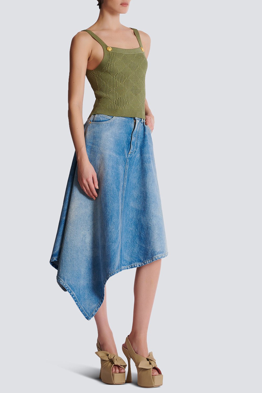BALMAIN-Two Button Short Tank - Olive-