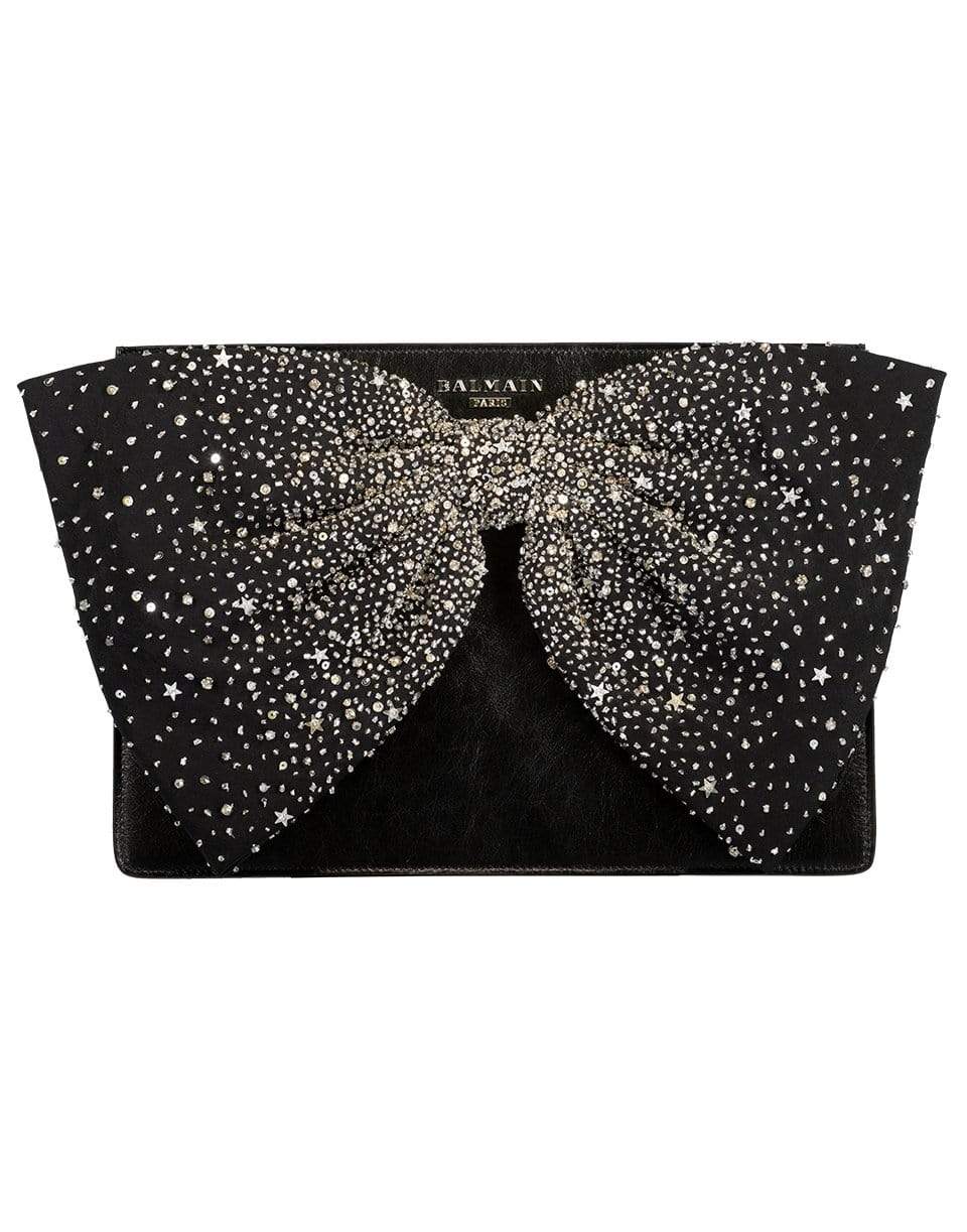 BALMAIN-Sparkle Bow Oversized Pouch Clutch-NOIR
