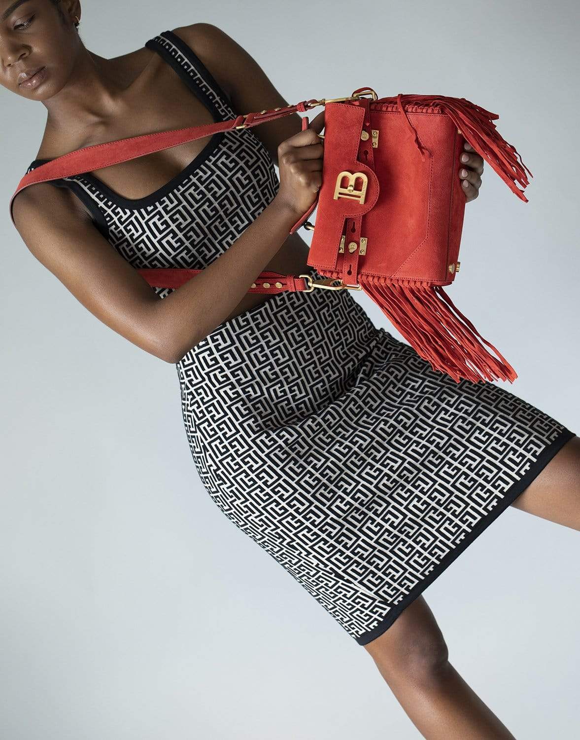 BALMAIN-B-Buzz Fringed Shoulder Bag-CORAIL