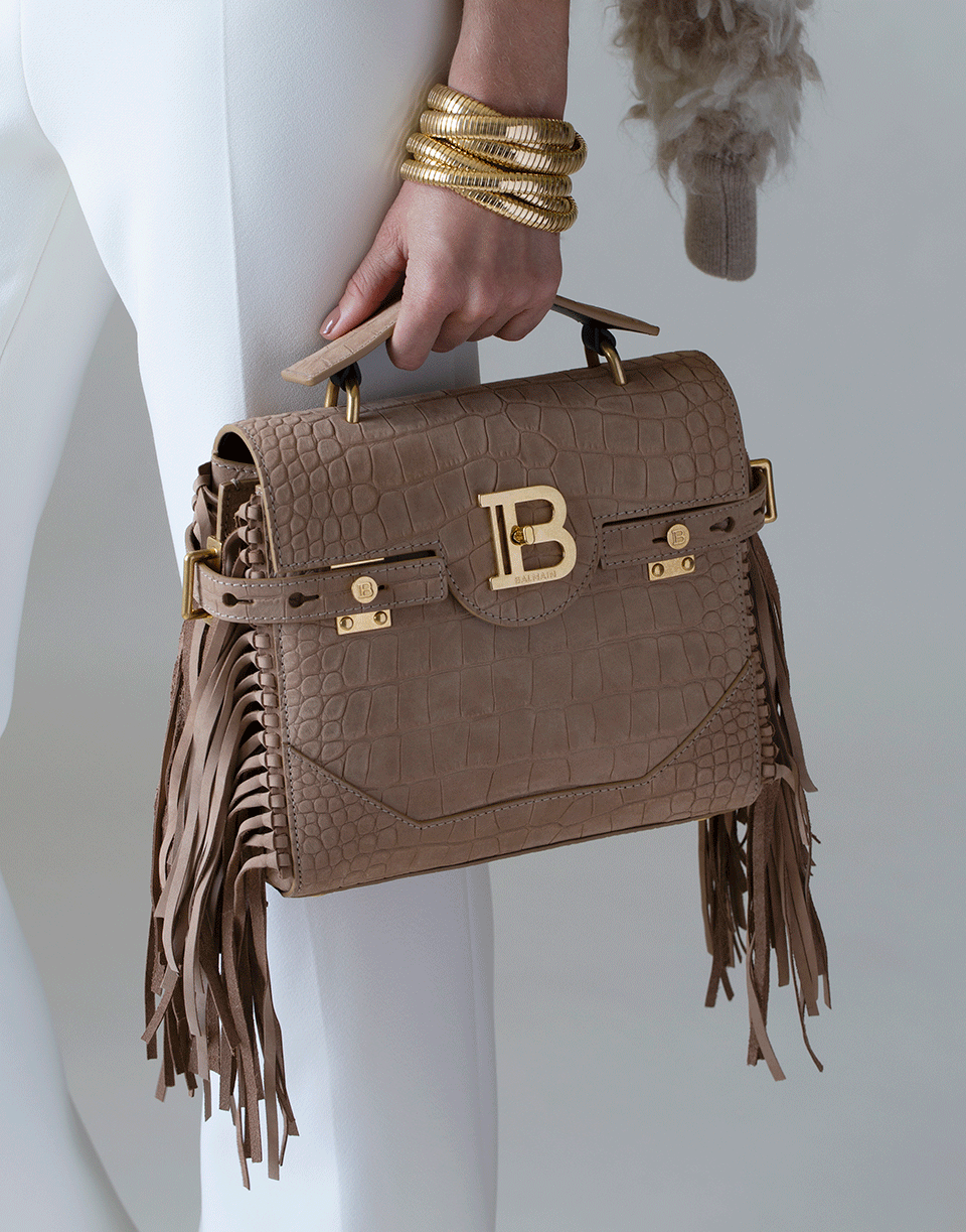 BALMAIN-Buzz Print Fringe Bag-MARRON