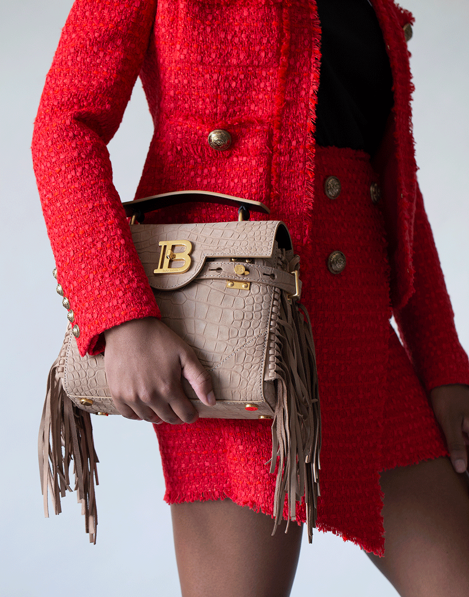 BALMAIN-Buzz Print Fringe Bag-MARRON