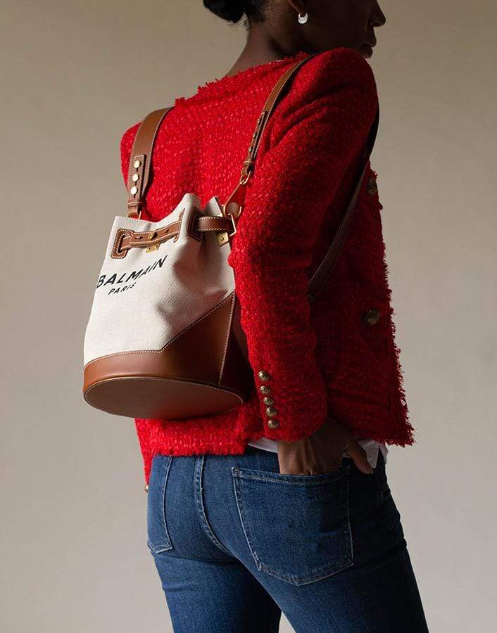 BALMAIN-Belted Bucket Logo Backpack-NAT BRWN