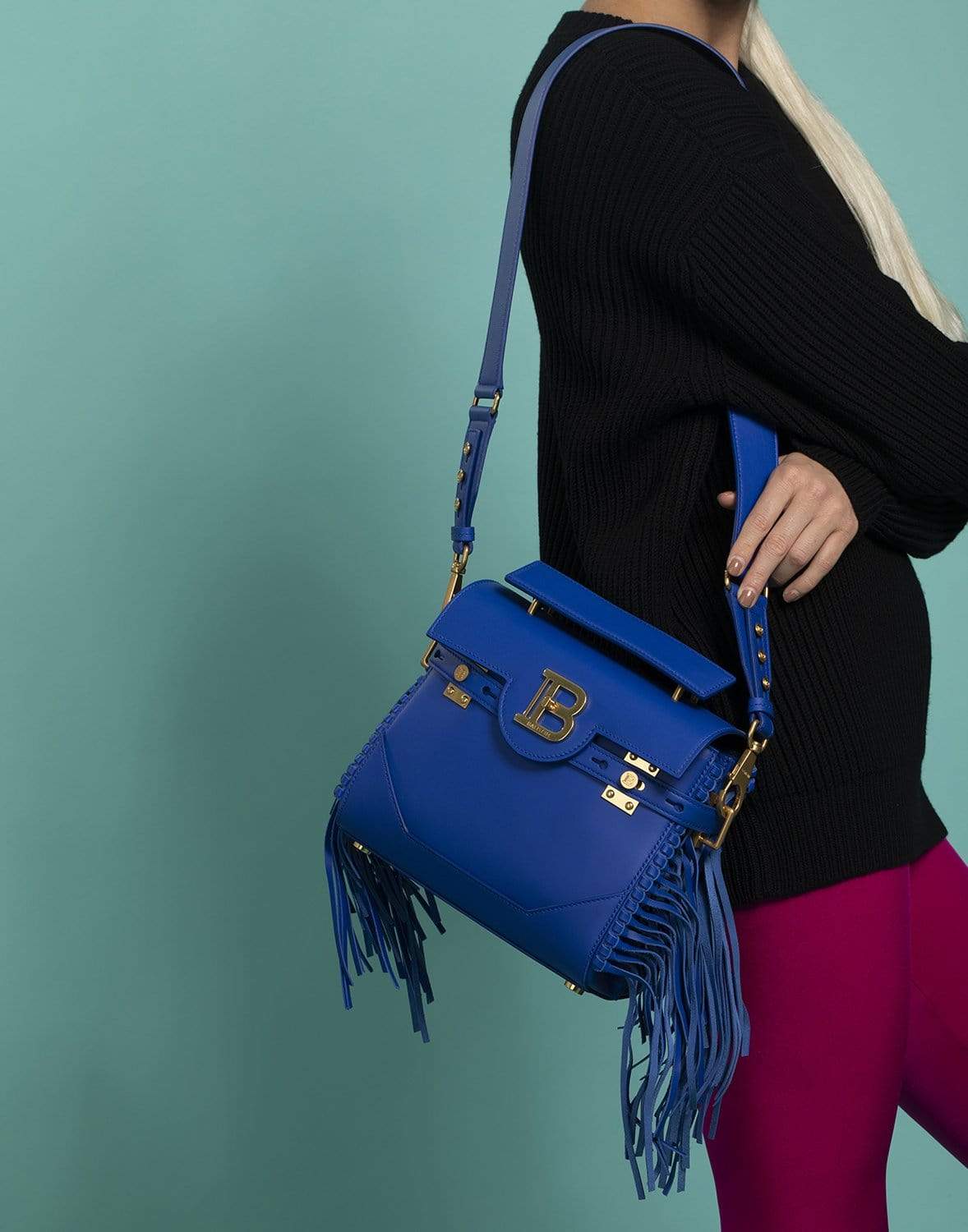 BALMAIN-Calfskin and Fringes Handbag-COBALT