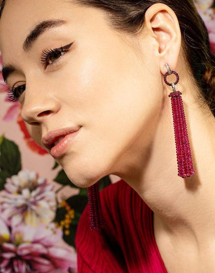 BAYCO-Ruby and Diamond Tassel Earrings-BLACK GOLD