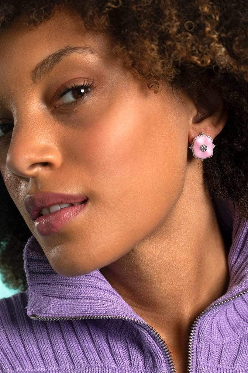 BAYCO-Diamond and Pink Cerarmic Lotus Earrings-PLATINUM