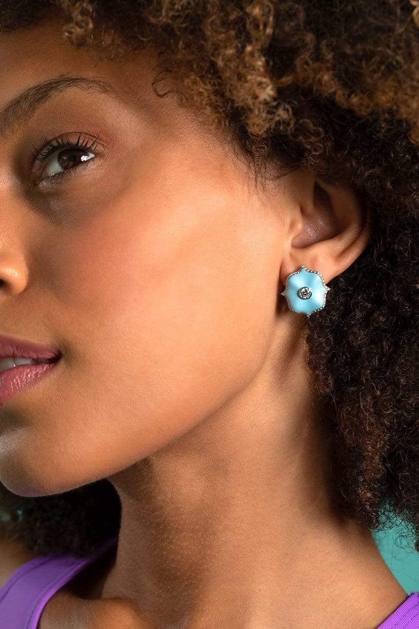 BAYCO-Diamond and Turquoise Ceramic Lotus Earrings-PLATINUM