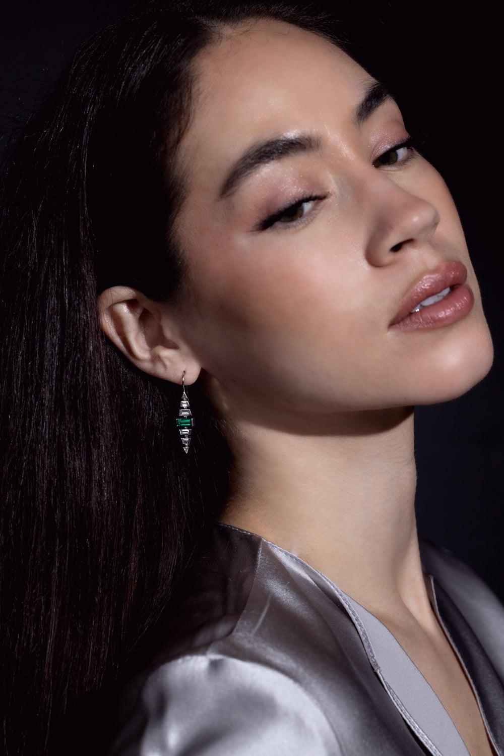 BAYCO-Emerald Diamond Drop Earrings-PLATINUM