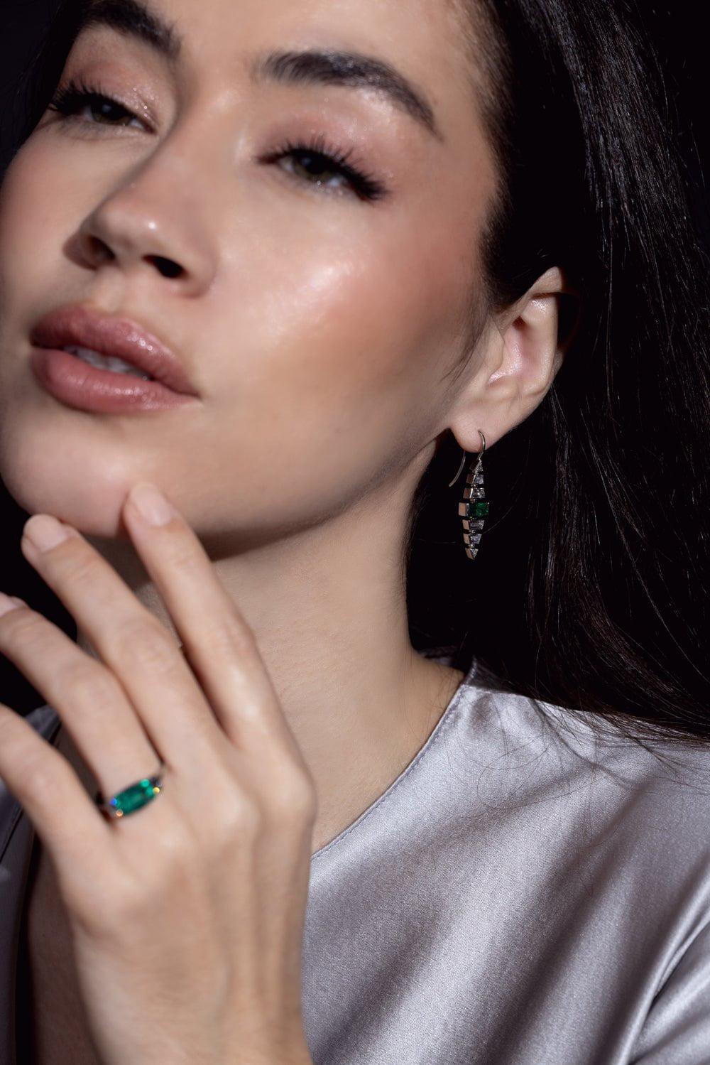 BAYCO-Emerald Diamond Drop Earrings-PLATINUM