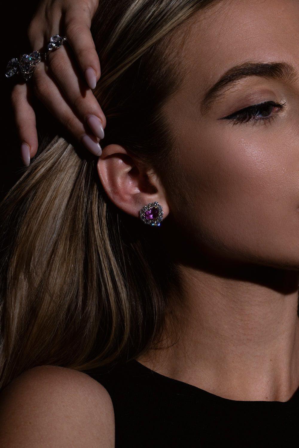 BAYCO-Pink Sapphire Diamond Heart Stud Earrings-PLATINUM
