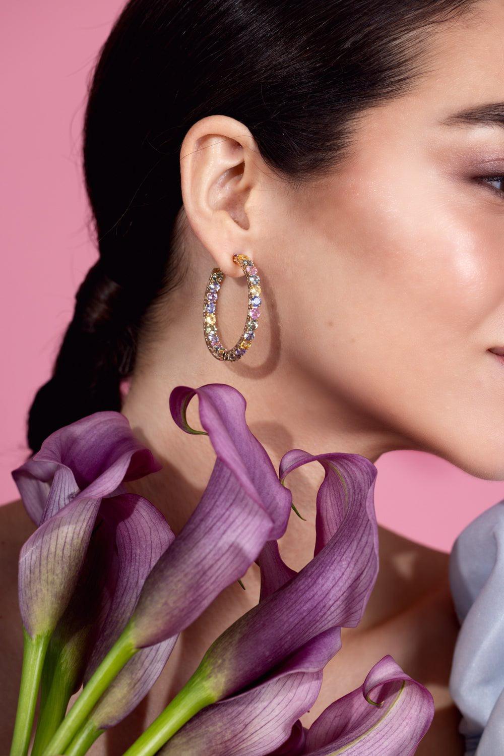 BAYCO-Medium Multicolor Sapphire Hoop Earrings-YELLOW GOLD
