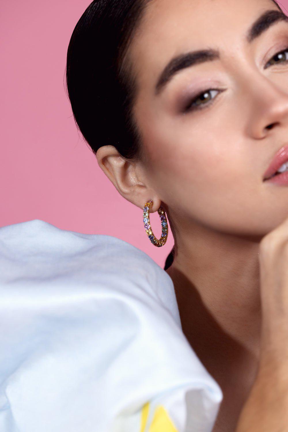 BAYCO-Medium Multicolor Sapphire Hoop Earrings-YELLOW GOLD