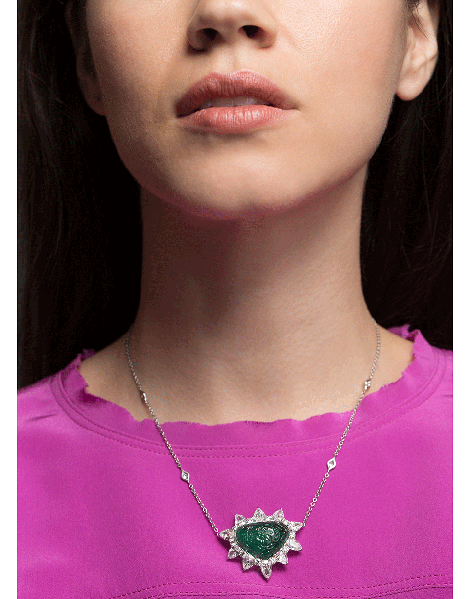 BAYCO-Carved Zambian Emerald and Diamond Necklace-PLAT