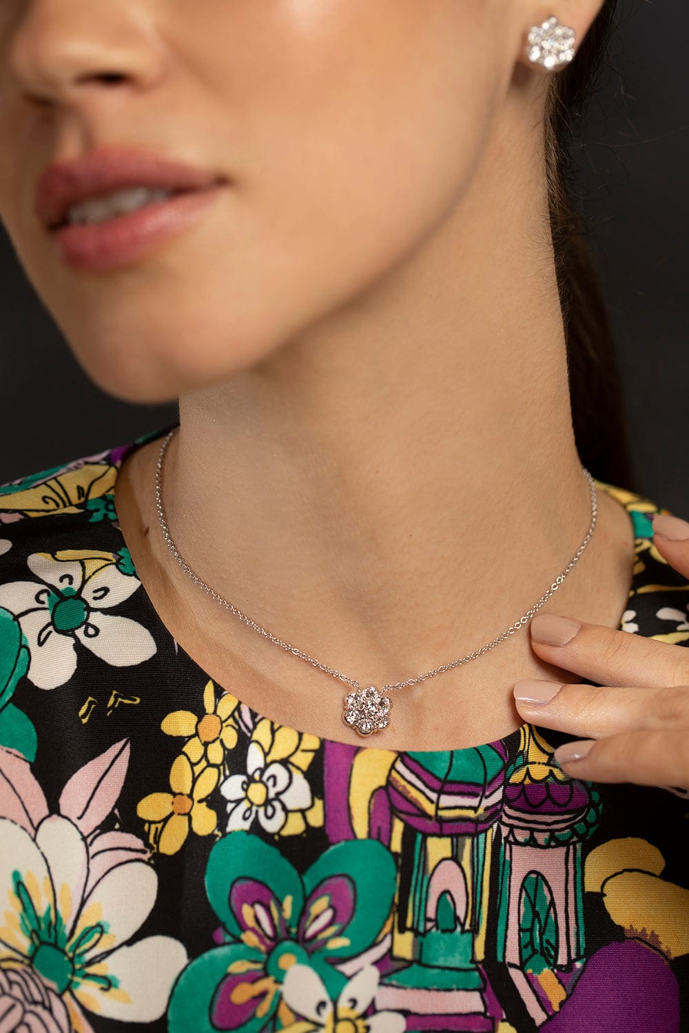 BAYCO-Large Diamond Flower Pendant Necklace-WHITE GOLD