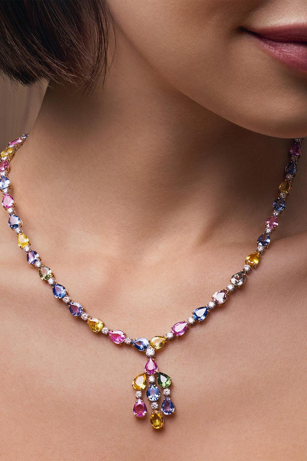 BAYCO-Multicolor Sapphire Diamond Necklace-YELLOW GOLD