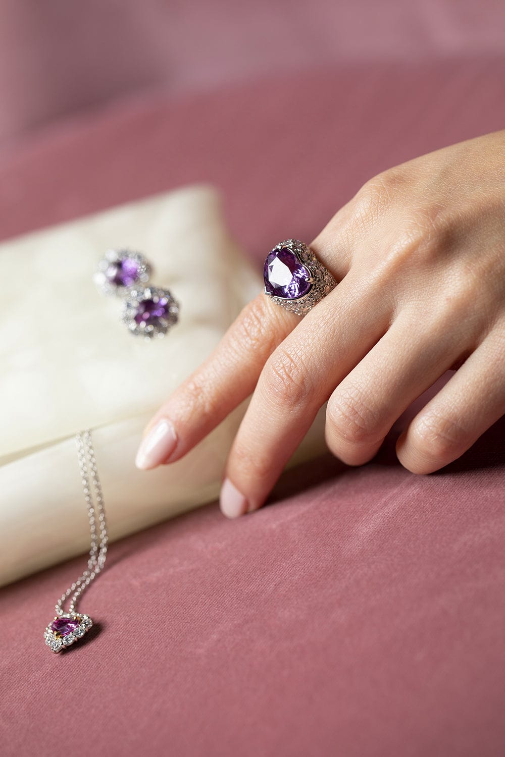 BAYCO-Pink Sapphire Heart and Diamond Ring-PLAT